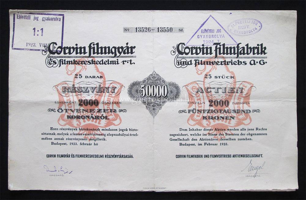 Corvin Filmgyr s Filmkereskedelmi rszvny 50000 korona 1923